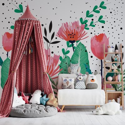 Papier peint panoramique pour enfant avec grandes fleurs rouges - 255x260 cm (l x h) LA TOUCHE ORIGINALE