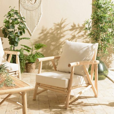 Fauteuil exotique teck ajouré et coussins blancs MANAK PIER IMPORT
