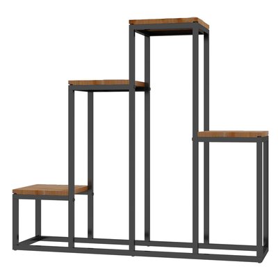 Porte-plantes style industriel 4 étagères acier noir bois sapin verni OUTSUNNY
