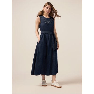 Robe longue réalisée en denim avec un lavage bleu foncé rinçage OLTRE