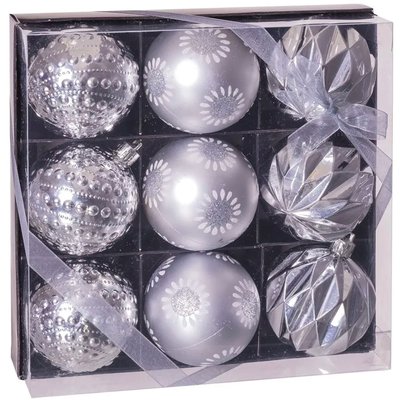 Set de 9 boules de Noël argentées décorées - 8cm WADIGA