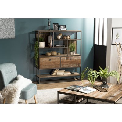 Étagère bibliothèque 140x120cm style industriel teck recyclé et métal 2 tiroirs SWING PIER IMPORT