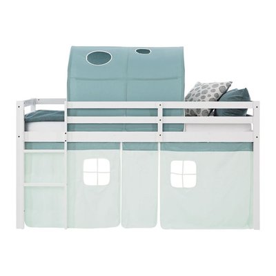 Lit mi-hauteur 90x200 cm en pin massif avec sommier, tunnel et rideau vert HOMESTYLE4U