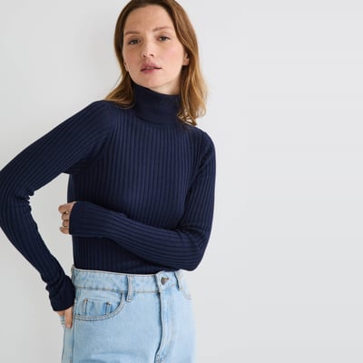 Pull col roulé à côtes uni en coton et cachemire mélangés MONOPRIX