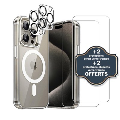 Coque Anti-choc compatible Magsafe pour Iphone 15 Pro Max Transparente + 2 protections écran et 2 protections objectif caméra EVETANE
