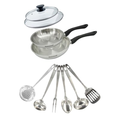 Set 2 poêles 20 et , couvercle verre et 6 ustensiles GENEVA FACKELMANN