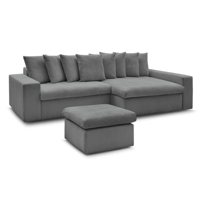 Canapé d'angle fixe 3 places en velours côtelé avec pouf, ENORE BOBOCHIC