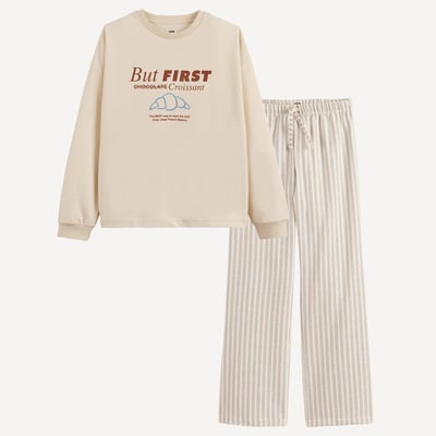 Pyjama avec haut en molleton et bas en flanelle, motif croissant et rayures LA REDOUTE COLLECTIONS