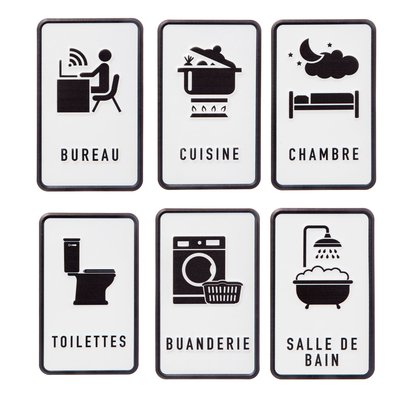 Set de 6 plaques de porte signalétiques en métal noir et blanc ATMOSPHERA