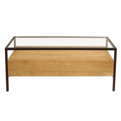 Table basse rectangulaire avec rangements en bois manguier massif, verre et métal noir L100 cm SITA MILIBOO