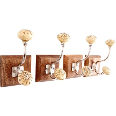 Patère en bois et céramique double crochet (Lot de 4) JARDINDECO