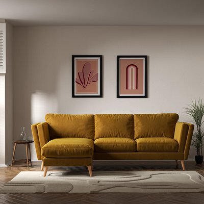 Frida Contemporary Velvet Corner Chaise Feather Sofa - Left facing with Light Wood Legs SO'HOME