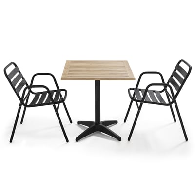 Table de terrasse carrée en bois et 2 fauteuils en aluminium, TIMES SQUARE OVIALA