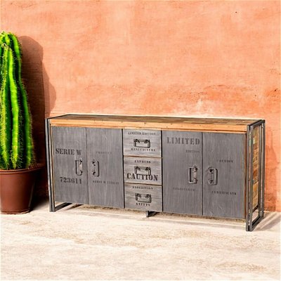 Buffet enfilade industriel bois recyclé et métal 4 portes 3 tiroirs 200cm CARAVELLE PIER IMPORT
