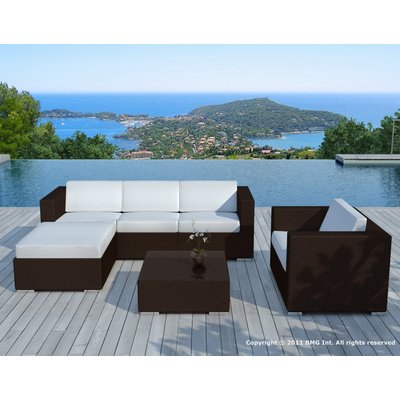 Salon de Jardin COPACABANA 6 pièces en résine couleur chocolat et coussins tissu blanc écru PIER IMPORT