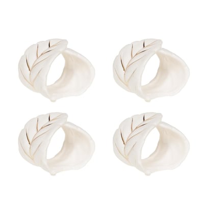 Coffret de 4 ronds de serviettes feuille blanche en céramique AMADEUS