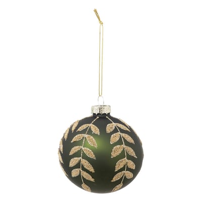 Boule de noël vert avec feuilles dorées en verre 80mm ATMOSPHERA