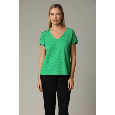 T-shirt texturé à col v avec manches ornées de boutons KAMILI DEELUXE
