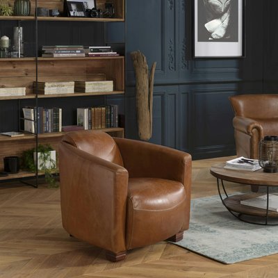 Fauteuil de salon cabriolet cuir brun PRESTON PIER IMPORT