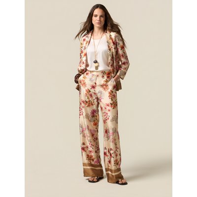 Pantalon palazzo réalisé en satin fluide à motifs OLTRE