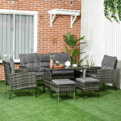Salon de jardin 7 personnes 6 pièces avec coussins résine grise OUTSUNNY