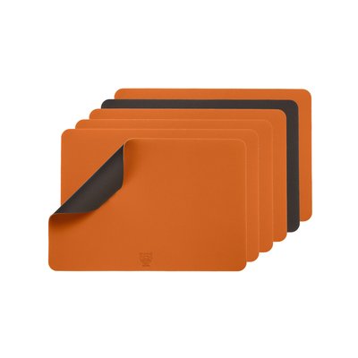 Set de table rectangulaire réversible - 6 pièces - Cuir recyclé orange et chocolat BJORN