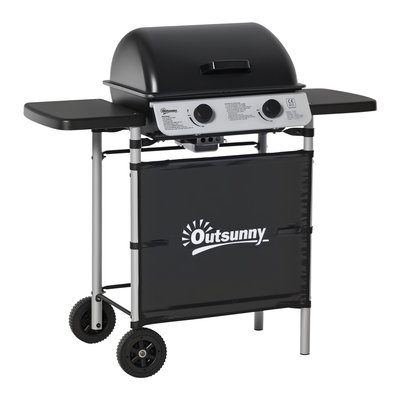 Barbecue gaz 2 brûleurs 2,8kW - couvercle, 2 tablettes, 2 roues - gris noir OUTSUNNY