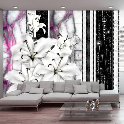 Papier peint intissé panoramique Fleurs Crying lilies on purple marble EDEN