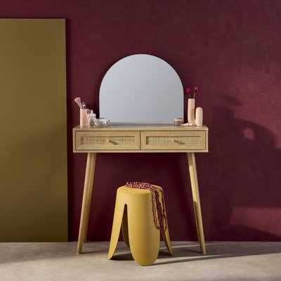 Coiffeuse décor bois et cannage miroir arrondi 2 tiroirs BOHEME SWEEEK