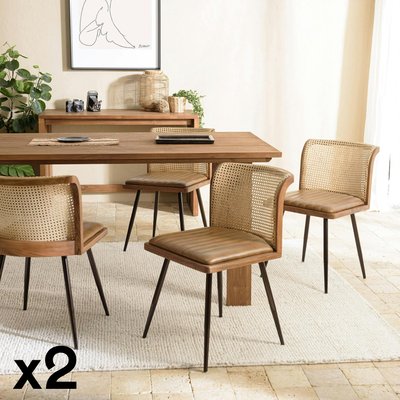 Chaise bois et cannage assise cuir havane (lot de 2) TIM PIER IMPORT