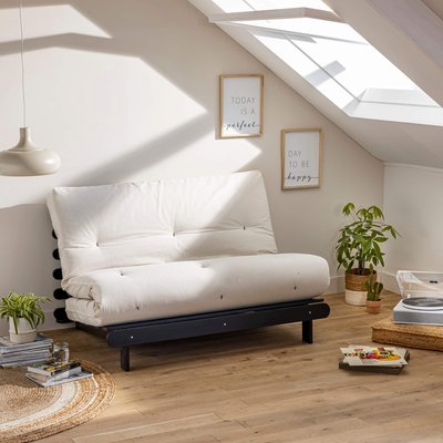 Ensemble matelas futon en coton et structure en bois massif noir TERRE DE NUIT