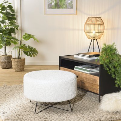 Pouf de salon blanc tissu bouclettes TIM PIER IMPORT