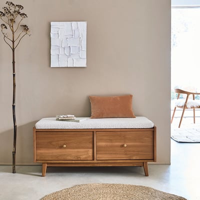 Banc en bois de teck et tissu bouclette 120 cm  SERENE BERAH GETAH