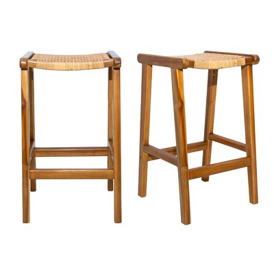 Tabourets de bar ethniques en bois teck massif et cannage rotin H65 cm (lot de 2) GAWA MILIBOO