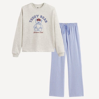 Pyjama avec haut en molleton, bas en popeline, motif Teddy Bear et rayures LA REDOUTE COLLECTIONS