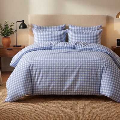 Parure housse de couette imprimée vichy bleu en coton, CELESTIN ATELIER DU COTON