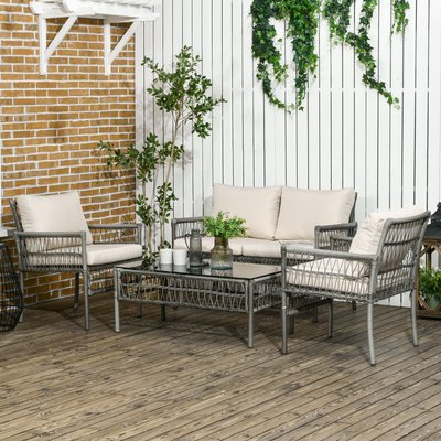 Ensemble salon de jardin 4 personnes 4 pièces avec coussins beige gris OUTSUNNY