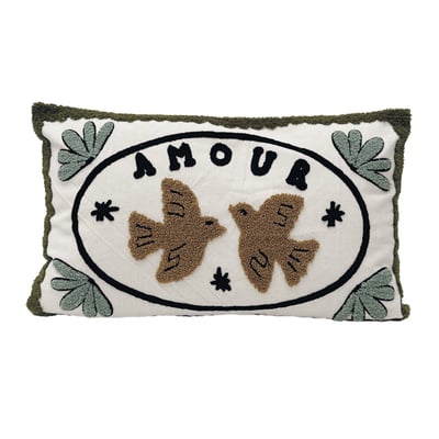 Coussin brodé avec motif oiseaux et "amour" OPJET