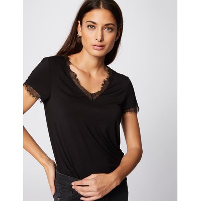 T-shirt col V et manches courtes finition dentelle MORGAN