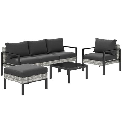 Ensemble salon de jardin 5 places 4 pièces coussins anthracite résine tressée 2 fils gris OUTSUNNY