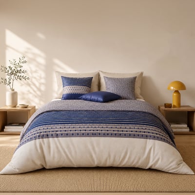 Parure de lit en percale de coton rayures horizontales, BLEVARIS ATELIER DU COTON