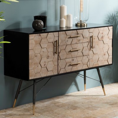 Buffet vintage en bois noir et motif nid d'abeilles 2 portes pieds épingles 129cm RIGA PIER IMPORT