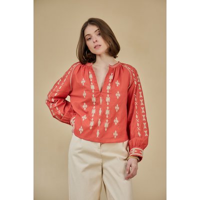 Blouse brodée ethnique, manches longues, col V SEE U SOON