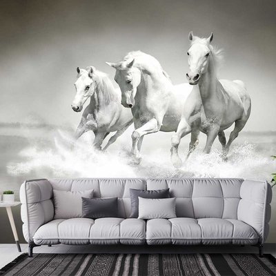 Papier peint chevaux blancs au galop HEXOA