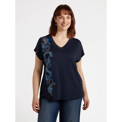 T-shit en jersey avec viscose LENZING™ ECOVERO™ avec broderie sur le côté style bandana et col en V FIORELLA RUBINO