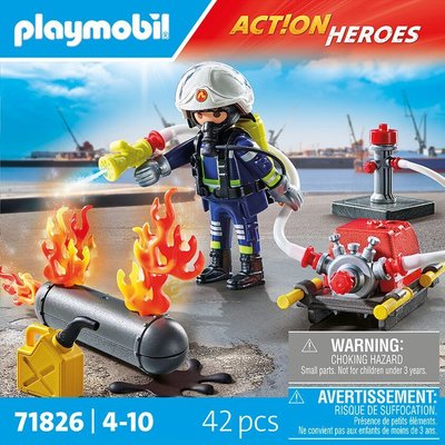 Action Heroes Pompier avec pompe à eau et réservoir enflammé PLAYMOBIL