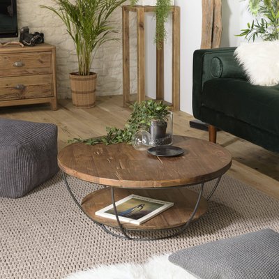 Table basse ronde double plateau D80cm bois recyclé teck et métal noir style contemporain SWING PIER IMPORT