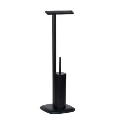 Dérouleur Papier Toilette sur Pied + Brosse WC en Métal Noir Mat WADIGA