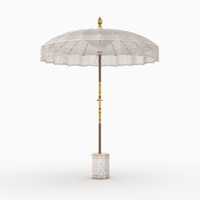 Ensemble parasol en macramé et pied de parasol en bois de suar - FAKÉLÉ RENDEZ-VOUS DÉCO