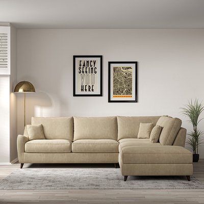 Amelia Soft Brushed Corner Sofa & Modular Footstool Set with Dark Wood Legs (Right Facing) SO'HOME